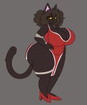  anthro big_breasts big_butt black_eyes breasts brown_body brown_hair butt clothed clothing domestic_cat felid feline felis female footwear grey_background hair hi_res mammal shoes simple_background solo sprigatitoartz tail thick_thighs 