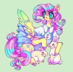  2018 aliasing alternative_fashion ambiguous_gender blue_clothing blue_dress blush casual_lolita clothing cutie_mark digital_media_(artwork) domestic_pet dress equid equine female feral fluttershy_(mlp) friendship_is_magic fur furries_with_pets glistening green_background group hair hasbro hooves iridescent iridescent_feathers iridescent_hair iridescent_hooves iridescent_mane iridescent_tail iridescent_wings j-fashion lagomorph leporid lolita_(fashion) low_res mammal my_little_pony mythological_creature mythological_equine mythology oekaki open_mouth pegasus pink_hair pink_tail rabbit simple_background sparkles sparkling_hair sparkling_tail suippupupu tail teal_eyes trio white_blouse wings yellow_body yellow_fur 