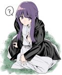  1girl ? absurdres black_robe breasts cleavage fern_(sousou_no_frieren) grass highres karasuma_yayoi large_breasts long_hair looking_at_viewer purple_eyes purple_hair robe sitting solo sousou_no_frieren spoken_question_mark 
