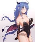  1girl absurdres ahoge armpits black_leotard black_ribbon blue_eyes blue_hair blush braid breasts brown_dust_2 brown_gloves cleavage demon_girl demon_tail elbow_gloves eyebrows_hidden_by_hair feet_out_of_frame gloves hair_between_eyes hair_ribbon hand_on_own_chest head_wings heart heart_tail highleg highleg_leotard highres leotard long_hair looking_at_viewer low_wings mushoku_tensei ribbon rippannjaku roxy_migurdia signature simple_background small_breasts solo tail twin_braids twintails very_long_hair wings 