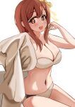  1girl :d bikini blush breasts brown_eyes brown_hair cleavage collarbone commentary_request hair_between_eyes hair_ribbon heart heart-shaped_pupils highres kunikida_hanamaru large_breasts looking_at_viewer love_live! love_live!_sunshine!! navel open_mouth pisagi ribbon simple_background smile solo swimsuit symbol-shaped_pupils teeth upper_teeth_only white_background white_bikini white_towel 