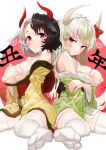  2girls animal_ears black_hair breasts cow_ears cow_girl cow_horns ex-keine green_hair green_kimono horns japanese_clothes kamishirasawa_keine kimono looking_at_viewer multicolored_hair multiple_girls no_shoes polpol red_eyes red_horns shy smile thighhighs touhou two-tone_hair ushizaki_urumi white_hair white_thighhighs yellow_kimono 