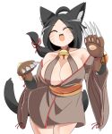 1girl ahoge animal_ears bell black_hair blush breasts brown_dress cat_ears cat_girl cat_tail claws cleavage closed_eyes commentary_request cowboy_shot dress jingle_bell kyuumei_neko_(onmyoji) large_breasts lets0020 long_hair neck_bell obi off-shoulder_dress off_shoulder onmyoji open_mouth sash simple_background smile solo tail whiskers white_background yellow_sash 