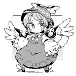  1girl animal_ears bird_ears bird_wings blush closed_mouth collared_shirt dress earrings fingernails frilled_dress frilled_sleeves frills full_body greyscale hat highres ini_(inunabe00) jewelry long_fingernails long_sleeves looking_at_viewer monochrome mystia_lorelei nail_polish sharp_fingernails shirt shoes short_hair single_earring sleeve_garter socks solo touhou wide_sleeves winged_footwear winged_hat wings 