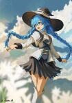  1girl :d absurdres ayumu_ad black_skirt blue_eyes blue_hair blue_sky boots braid cloud commentary hat highres long_hair long_sleeves mushoku_tensei open_mouth outdoors roxy_migurdia shirt skirt sky smile solo twin_braids white_shirt witch_hat 