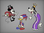  3boys animal_ears bow bowtie caine_(the_amazing_digital_circus) cane commentary cosplay crown disney donald_duck english_commentary full_body gmcreations goofy grey_background hat highres holding holding_cane kinger_(the_amazing_digital_circus) male_focus mickey_mouse mouse_boy mouse_ears mouse_tail multiple_boys no_humans pomni_(the_amazing_digital_circus) pomni_(the_amazing_digital_circus)_(cosplay) purple_robe red_bow red_bowtie red_vest robe simple_background smile standing tail the_amazing_digital_circus top_hat vest 
