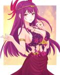  1girl absurdres alternate_costume blush breasts cleavage fire_emblem fire_emblem_engage flower highres ivy_(fire_emblem) jewelry large_breasts long_hair looking_at_viewer pelvic_curtain purple_eyes purple_hair ring sideboob simple_background solo swimsuit truejekart 
