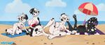  101_dalmatian_street 101_dalmatians absurd_res anthro ball beach beach_ball beach_towel beach_umbrella big_breasts big_butt black_body black_fur breasts butt canid canine canis crossgender dalmatian dante_(101_dalmatians) dawkins_(101_dalmatians) deepak_(101_dalmatians) disney domestic_dog dylan_(101_dalmatians) female fur genitals group hi_res holding_leg holding_object huge_breasts inflatable kneeling looking_at_viewer lying mammal nipples on_front open_mouth parasol pawpads paws purple_body purple_fur purple_nipples pussy sea sitting smile spots spread_legs spreading thick_thighs towel umbrella water white_body white_fur whitewolf20xx 