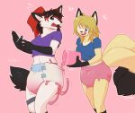 2_tails anthro blonde_hair breasts canid canine clothed clothing diaper duo female fox fur hair looking_down mammal multi_tail one_eye_closed pouring_liquid slime surprised tail tongue tongue_out yellow_body yellow_fur yuniwolfsky