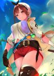  1girl absurdres atelier_(series) atelier_ryza bangs belt blush breasts brown_eyes brown_hair celeryma hair_ornament hairclip hat highres jewelry looking_at_viewer navel necklace potion red_shorts reisalin_stout short_shorts shorts smile solo thighhighs thighs vial 