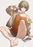 1girl absurdres alcohol barefoot breasts brown_eyes brown_hair brown_jacket brown_shorts can cleavage collarbone highres holding holding_can jacket looking_at_viewer magazine_(object) meihachiya off_shoulder open_clothes open_jacket open_mouth orange_shirt original sake shirt short_hair shorts simple_background sitting solo 
