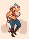  2024 anthro big_breasts bodily_fluids boots bovid bovine breasts brown_hair cattle cleavage clothed clothing container cup eyes_closed female footwear hair hi_res horn huge_breasts mammal nedoiko smile solo sweat 