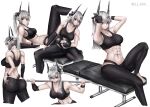  1girl abs absurdres alternate_hairstyle arknights arm_warmers ass back bare_shoulders bench black_arm_warmers black_pants black_sports_bra black_wristband breasts cleavage collarbone demon_horns dumbbell exercising from_behind from_side grey_hair highres horns kafu_(kafu6416) large_breasts legs_up long_hair looking_at_viewer mudrock_(arknights) multiple_views muscular muscular_female on_bench pants pointy_ears ponytail red_eyes simple_background single_arm_warmer sitting sports_bra standing stirrup_legwear sweat toeless_legwear weightlifting white_background 