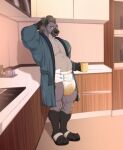  anthro appliance belly beverage bodily_fluids clothed clothing coffee coffee_mug container cup daddy_kink diaper diaper_fetish diaper_fur diaper_use diapered_dominant embarrasment embarrassed footwear fur genital_fluids grey_body grey_fur grizz_(diapered_dad) hand_on_head hi_res holding_object hyena incontinence kitchen kitchen_appliance looking_at_viewer male mammal musclegut muscular muscular_anthro muscular_male navel open_clothing open_mouth open_robe peeing robe sandals slightly_chubby smile solo standing syeenyeen teeth urine wearing_diaper wet_diaper wetting wetting_diaper 
