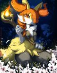  anthro braixen breasts colored female fire flower forest fur generation_6_pokemon hair hair_over_eye hi_res kneeling looking_at_viewer medium_breasts nintendo one_eye_obstructed orange_body orange_eyes orange_fur orange_hair plant pokemon pokemon_(species) rilex_lenov solo staff tail thick_thighs tree white_body white_fur yellow_body yellow_fur 