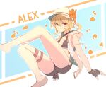  1girl alex_(dragalia_lost) black_gloves black_shorts blonde_hair breasts character_name cleavage dragalia_lost english_commentary fingerless_gloves flower frostfiresoul gloves hair_between_eyes hat hat_flower highres looking_at_viewer official_alternate_costume red_eyes short_hair shorts small_breasts solo swimsuit white_hat 