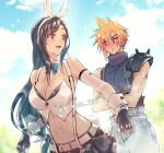  1boy 1girl animal_ears armor baggy_pants bare_shoulders belt black_gloves black_hair black_skirt blonde_hair blue_bow blue_bowtie blue_sky blurry blurry_background blush bow bowtie breasts cleavage closed_mouth cloud cloud_strife cloudy_sky commentary_request cowboy_shot crop_top crossed_arms detached_collar detached_sleeves earrings easter fake_animal_ears final_fantasy final_fantasy_vii final_fantasy_vii_ever_crisis fingerless_gloves gloves jewelry large_breasts long_hair looking_at_another low-tied_long_hair midriff minato_(ct_777) navel official_alternate_costume open_mouth pants rabbit_ears rabbit_tail red_eyes short_hair shoulder_armor sidelocks single_bare_shoulder skirt sky sleeveless sleeveless_turtleneck spiked_hair stud_earrings suspender_skirt suspenders sweater swept_bangs tail tifa_lockhart tifa_lockhart_(bunny_bustier) turtleneck turtleneck_sweater twitter_username upper_body white_sleeves 