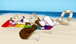  2019 anthro anthro_on_anthro beach bikini blonde_hair blue_eyes blush bottomless breasts butt cheek_tuft clothed clothing colored_sketch crossed_legs cunnilingus dipstick_tail domestic_cat duo eyes_closed felid feline felis female female/female hair half-closed_eyes hand_holding hand_on_hip leg_markings looking_pleasured lying mammal markings multicolored_hair multicolored_tail navel oli_snowpaw on_back on_front open_mouth oral pawpads ringtail seaside sex socks_(marking) swimwear towel tuft two_tone_hair vaginal 