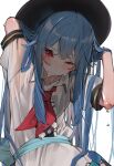  1girl absurdres black_hat blue_hair blush buttons center_frills closed_mouth frills hat highres hinanawi_tenshi long_hair looking_at_viewer one_eye_closed red_eyes shirt short_sleeves simple_background solo touhou tsune_(tune) wet wet_clothes wet_shirt white_background white_shirt 