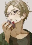  1boy absurdres brown_shirt cake cardigan collarbone eyelashes fingernails food food_on_face glasses green_cardigan grey_background highres holding holding_cake holding_food looking_at_viewer male_focus meihachiya original parted_lips shirt short_hair simple_background solo upper_body 