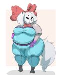  anthro belly big_belly big_breasts blue_eyes bodysuit bow_ribbon breasts canid canine canis clothing domestic_dog fay_(star_fox) female fur garuda_six hi_res huge_thighs mammal nintendo open_mouth overweight overweight_anthro overweight_female shadow simple_background skinsuit solo standing star_fox tail teeth thick_thighs tight_clothing white_body white_fur 