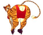 anthro anus big_butt breasts butt clothing felid female fur hi_res huge_butt looking_at_viewer looking_back mammal markings nocturne_(artist) orange_body orange_fur pantherine rear_view simple_background solo striped_body striped_fur stripes tail tan_body tan_fur tiger 