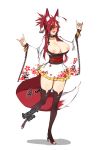  1girl :d \m/ animal_ears black_legwear breasts breasts_outside cleavage eyepatch fox_ears fox_tail full_body high_heels highres japanese_clothes kimono long_hair open_mouth original ponytail red_eyes red_hair red_nails sash skelefuku smile solo sweatdrop tail thighhighs 