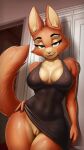  absurd_res anthro canid canine clothed clothing diane_foxington dreamworks dress dress_only erect_nipples erection erection_under_clothing eyebrow_piercing facial_piercing female fox genitals hi_res inside lightly-san looking_at_viewer mammal nipples no_underwear piercing pussy smile smiling_at_viewer solo the_bad_guys 