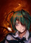  1girl androgynous antennae black_cape blood blood_on_face cape closed_mouth collared_shirt commentary_request expressionless fire green_eyes green_hair hair_between_eyes hair_over_one_eye highres hotaru_kago long_bangs looking_to_the_side shirt short_hair solo touhou upper_body wheel white_shirt wriggle_nightbug 