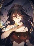  1girl bracelet crop_top dancer earrings highres hoop_earrings jewelry knife leaf_(esabacoo) long_hair looking_at_viewer mole necklace octopath_traveler octopath_traveler_i ponytail primrose_azelhart smile weapon 