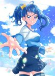  1girl blue_eyes blue_hair blue_shirt blue_skirt blue_sky blue_thighhighs bow cloud cloudy_sky cowboy_shot cut_bangs dated day feathers foreshortening grin hair_bow half-closed_eyes hanzou highres hirogaru_sky!_precure light_particles long_sleeves looking_at_viewer medium_hair miniskirt outdoors precure reaching reaching_towards_viewer shirt side_ponytail single_sidelock skirt sky smile solo sora_harewataru standing t-shirt thighhighs twitter_username wind yellow_bow 