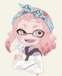  1girl :d artist_name bandana black_necktie blue_bandana blush commentary crossed_arms ear_blush fangs grey_eyes highres inkling inkling_girl inkling_player_character long_sleeves medium_hair necktie open_mouth pink_hair plum0o0 pointy_ears shirt short_bangs short_eyebrows signature smile solo splatoon_(series) suction_cups symbol-only_commentary teeth tentacle_hair uneven_eyes upper_body upper_teeth_only white_shirt 