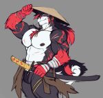  anthro asian_clothing bandage bandaged_arm barazoku big_muscles big_pecs black_body black_hair bracelet clothing east_asian_clothing fluffy fluffy_tail fur hair hat headgear headwear holding_object holding_weapon huge_muscles huge_pecs huge_thighs japanese_clothing jewelry katana looking_at_viewer mal_lock male manly markings melee_weapon multicolored_body multicolored_fur multicolored_hair muscular muscular_anthro muscular_arms muscular_legs muscular_male muscular_thighs nipples pecs red_arms red_hair sharp_teeth smile soft_abs solo sun_hat sword tail teeth thick_arms thick_thighs weapon white_body 
