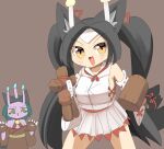  2girls animal_ears breasts brown_background brown_hair candle cat_ears cat_girl colored_skin commentary_request cosplay costume_switch cowboy_shot dress fang green_eyes horns kyuumei_neko_(onmyoji) kyuumei_neko_(onmyoji)_(cosplay) large_breasts lets0020 long_hair looking_at_viewer miracle_mallet multiple_girls off-shoulder_dress off_shoulder onmyoji open_mouth purple_skin shirt sideboob simple_background skin-covered_horns skirt smile solo_focus triangular_headpiece twintails ushi_no_toki_(onmyoji) ushi_no_toki_(onmyoji)_(cosplay) v-shaped_eyebrows whiskers white_shirt white_skirt yellow_eyes 