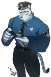  anthro clothing hat hat_only headgear headgear_only headwear headwear_only hi_res looking_at_viewer male mostly_nude muscular muscular_anthro necktie officer police police_uniform scar solo solo_focus ten_g89 tenji uniform 