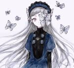  1girl blue_hairband brown_eyes bug butterfly dress expressionless grey_hair hairband highres lavenza_(persona_5) long_hair looking_at_viewer persona persona_5 simple_background sketch solo very_long_hair white_background yuyuyuyhz 