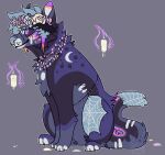 2018 ambiguous_gender black_body black_fur black_sclera blue_body blue_fur blue_hair blue_nose candle canid canine digital_drawing_(artwork) digital_media_(artwork) digitigrade duskky eyelashes feral feral_with_hair flat_colors floating_candle flower flower_crown fur grey_background grey_body grey_fur hair jaspering mammal markings orange_markings outline patchwork_creature paws plant pupils purple_markings purple_pupils simple_background sitting smile snout solo surgical_suture tail whisker_spots white_eyes white_outline