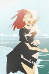  1girl :d ^_^ bad_id bad_twitter_id black_dress blue_sky bocchi_the_rock! closed_eyes day dress facing_viewer highres kerorira kita_ikuyo long_hair ocean one_side_up open_mouth outdoors red_hair short_sleeves sidelighting sky smile solo standing sunlight water wind 