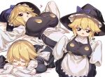  1girl apron black_eyes black_hat black_skirt black_vest blonde_hair blue_bow bow braid breasts buttons closed_eyes commentary_request cookie_(touhou) fang full_body hair_bow hat hat_bow highres kirisame_marisa large_breasts looking_at_viewer lying multiple_views mutsutake on_back open_mouth shirt short_hair simple_background single_braid skirt sleeves_past_fingers sleeves_past_wrists touhou vest waist_apron white_apron white_background white_shirt witch_hat yuuhi_(cookie) 