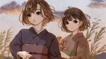  2girls blurry blurry_background brown_eyes brown_hair closed_mouth eyelashes flower flower_request highres holding holding_flower japanese_clothes kimono meihachiya multiple_girls original outdoors parted_lips short_hair upper_body wheat wide_sleeves 