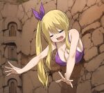  1girl bare_shoulders bikini blonde_hair blush breasts cleavage closed_eyes collarbone fairy_tail gaston18 highres large_breasts long_hair lucy_heartfilia open_mouth outstretched_arms purple_bike_shorts side_ponytail sidelocks solo stuck swept_bangs swimsuit through_wall trembling upper_body wavy_hair 