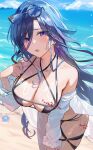  1girl :o beach bikini blue_hair blue_sky blurry blurry_background breasts cleavage clorinde_(genshin_impact) cloud collarbone day earrings eyewear_on_head genshin_impact hand_up highres jewelry large_breasts ocean off_shoulder omelet_tomato open_mouth outdoors purple_eyes shirt sky solo sunglasses swimsuit wet white_shirt 