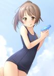  1girl blue_one-piece_swimsuit blue_sky brown_eyes brown_hair cloud cowboy_shot flat_chest highres long_hair old_school_swimsuit one-piece_swimsuit original ponytail school_swimsuit shibacha sky solo standing standing_on_one_leg swimsuit tongue tongue_out water_gun 