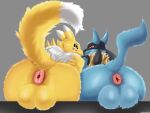  absurd_res anthro anus balls bandai_namco big_butt black_sclera blue_body blue_eyes blue_fur butt butt_focus chest_tuft crossover digimon digimon_(species) duo fur generation_4_pokemon genitals grey_background heartlessangel3d hi_res lucario male nintendo pokemon pokemon_(species) puffy_anus raised_tail red_eyes renamon simple_background tail tuft white_body white_fur yellow_body yellow_fur 