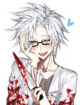  1boy absurdres blood blood_on_clothes blood_on_knife blue_eyes brown_shirt glasses hand_on_own_cheek hand_on_own_face heart highres holding holding_knife jcwlg kanou_aogu knife lab_coat male_focus one_eye_closed open_clothes open_mouth rectangular_eyewear saibou_shinkyoku semi-rimless_eyewear shirt short_hair simple_background smile solo teeth upper_teeth_only white_background white_hair 