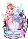  1girl :d ahoge animal_ears bare_arms bare_legs bare_shoulders blue_dress blue_footwear blush brown_hair choker collarbone crescent dress eversoul frilled_dress frills full_body game_cg guitar hamster_ears hamster_girl heart heart_guitar high_heels highres holding holding_guitar holding_instrument idol instrument looking_ahead mica_(eversoul) non-web_source official_alternate_costume official_alternate_hairstyle official_art one_eye_closed screen scrunchie short_hair sleeveless smile socks solo stage stage_lights standing standing_on_one_leg star_(symbol) tachi-e transparent_background truss v white_socks wrist_scrunchie yellow_eyes 
