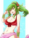  bangs breasts chiki cleavage cowboy_shot eyebrows_visible_through_hair fire_emblem fire_emblem_heroes green_eyes green_hair hand_up highres long_hair looking_at_viewer lyn_(shunao) navel open_mouth outline pointy_ears ponytail signature smile white_outline 