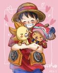  &gt;_&lt; ^_^ antlers black_hair blush carrying carrying_person closed_eyes commentary_request hat heart highres horns male_focus monkey_d._luffy multiple_boys one_piece one_piece_film:_red pink_background reindeer_antlers scar scar_on_face short_hair smile straw_hat thousand_sunny tony_tony_chopper upper_body wakitorisuki 