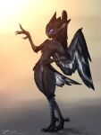  4_toes andromorph anisodactyl anthro avian avian_feet bird black_body black_feathers blue_eyes feathered_wings feathers feet genitals hi_res intersex nude pose pussy smile solo tail tail_feathers toes wings zipper_7z 