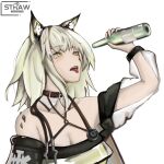  1girl animal_ear_fluff animal_ears arknights arm_up artist_logo artist_name bare_shoulders belt belt_buckle belt_collar bottle breasts brown_belt brown_collar buckle cat_ears cat_girl chinese_commentary cleavage collar commentary_request glass_bottle green_eyes green_hair grey_hair halterneck highres holding holding_bottle kal&#039;tsit_(arknights) long_sleeves looking_at_object looking_up material_growth medium_hair off_shoulder open_mouth oripathy_lesion_(arknights) pouring see-through see-through_sleeves simple_background solo stethoscope straw_thoughts_(daocao) teeth tongue tongue_out upper_body upper_teeth_only white_background 